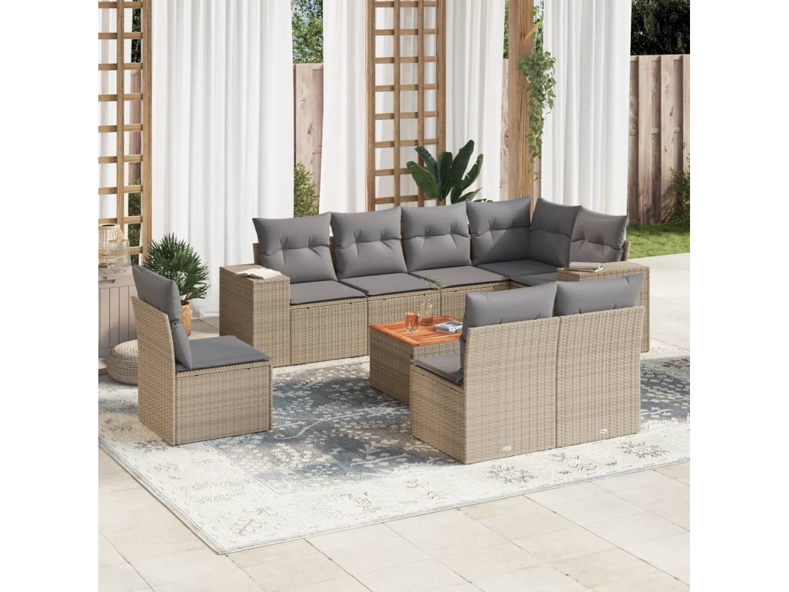 Conjunto de 9 Sofás para Jardim com Almofadas Vime Pe Bege Dkd Home Decor