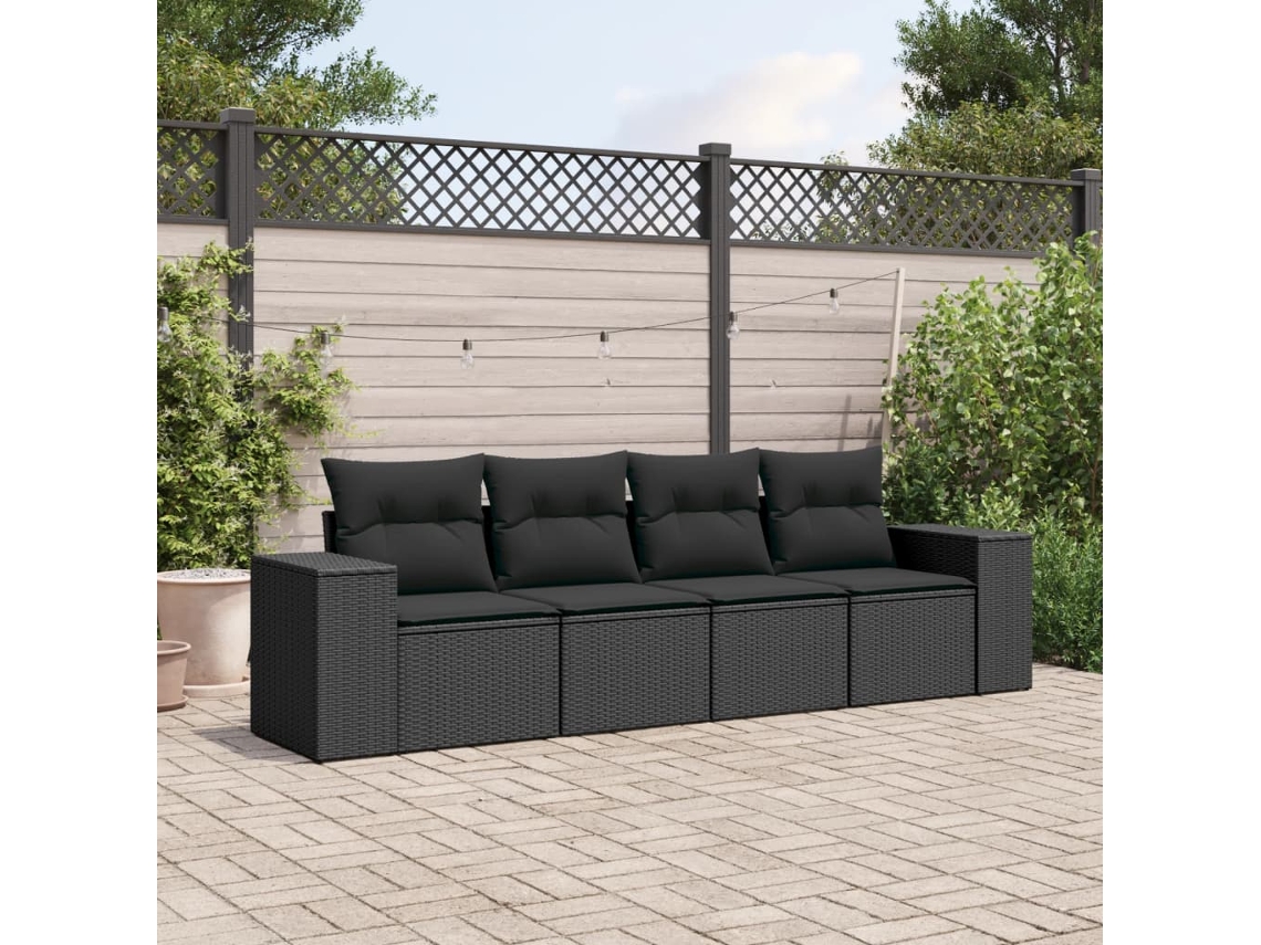Vidaxl 4 Pcs Conjunto De Sofás Para Jardim C/ Almofadões Vime Pe Preto