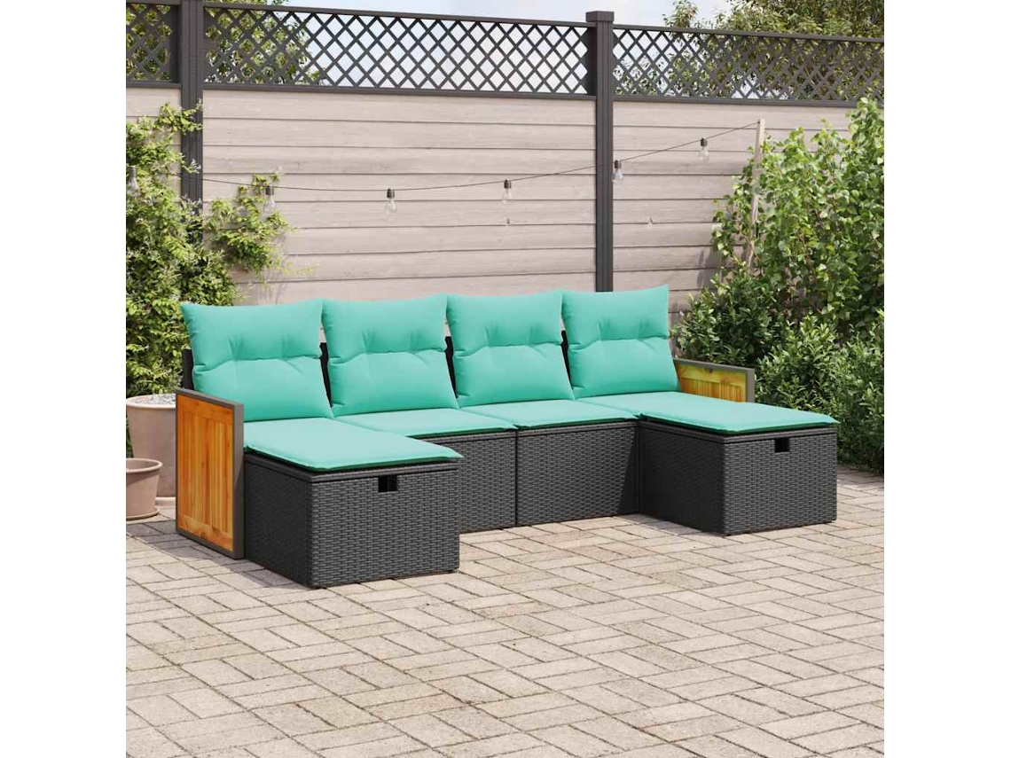 Vidaxl 6 Pcs Conjunto Sofás De Jardim C/ Almofadões Vime Pe Preto