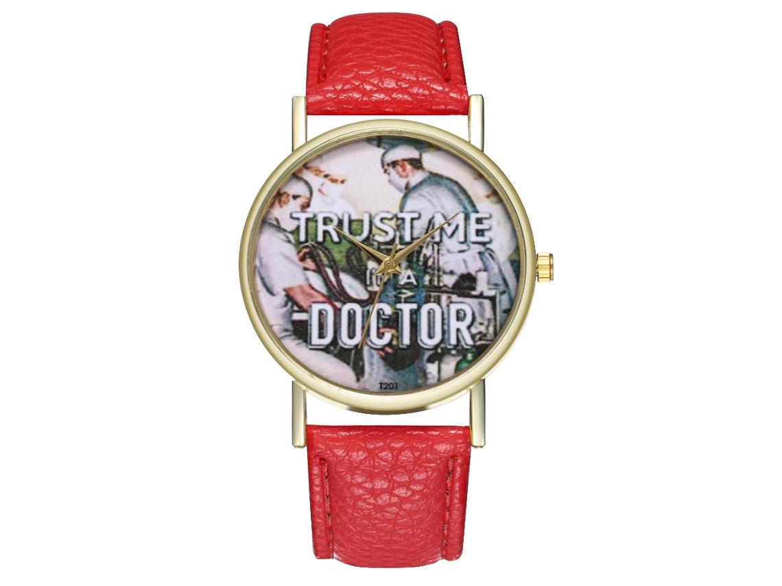 Relógio de médico unissex com pulseira de PU, mostrador redondo, quartzo, vermelho Zhoulianfa