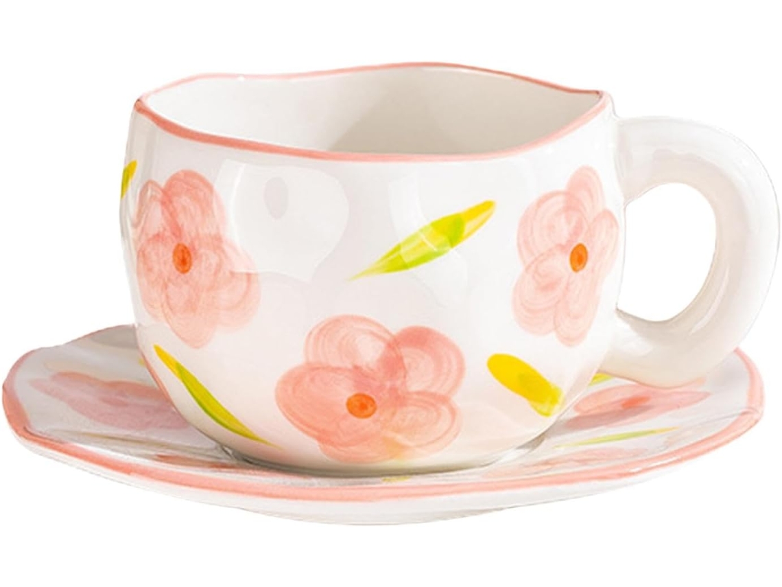Xícara De Café Com Pires Floral, Pintada À Mão Xícara De Café Com Formato Irregular | Xícara De Ca Gokoco