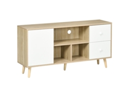 Suporte De Tv Escandinavo Para Tvs Até 45 Polegadas Com 3 Prateleiras E Armário Em Madeira Maciça 120x30x60 Cm