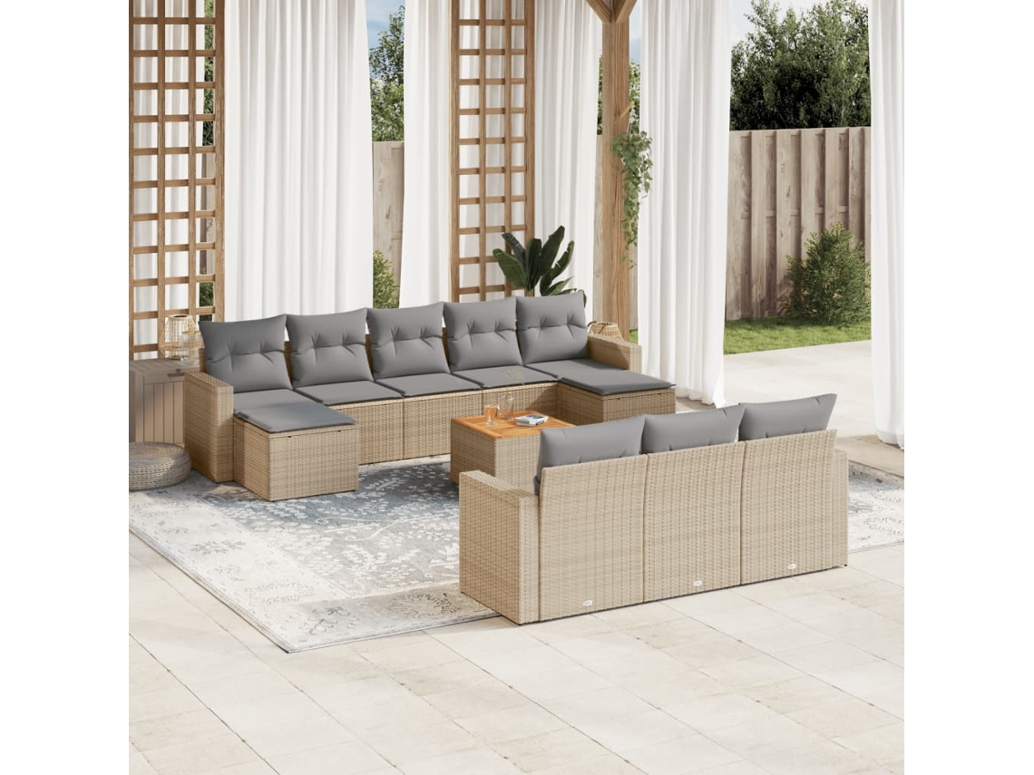 11 Pcs Conj. Sofás Jardim C/ Almofadões Vime Pe Bege Misturado Dkd Home Decor