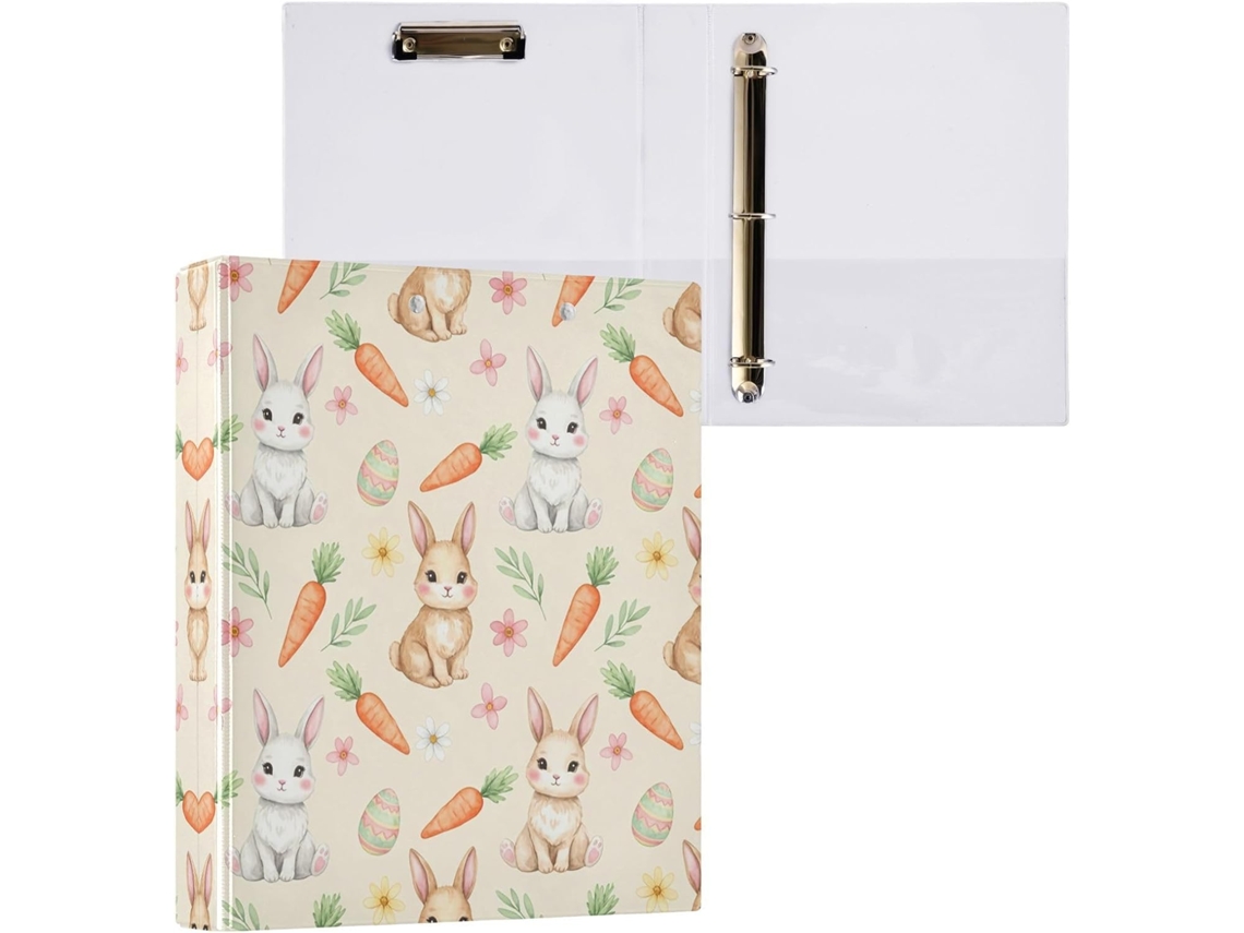 Pasta de 3 Argolas para Papel Tamanho Carta , Coelhinho da Páscoa Redondo e Fofo com Porta pra (27,9 X 21,6 Cm)