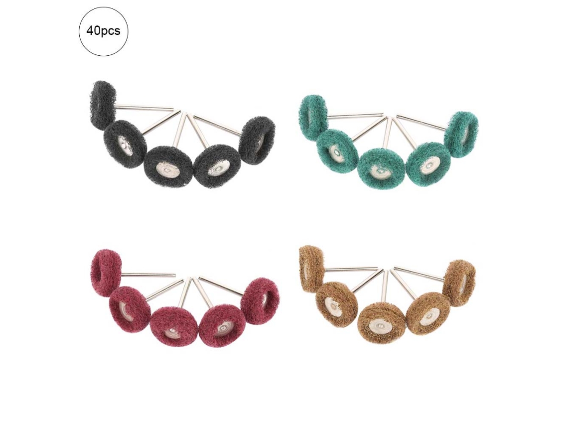 Kit com 40 discos abrasivos de 25 mm: escova para polimento, esponja de limpeza e disco de polimento para dar brilho.