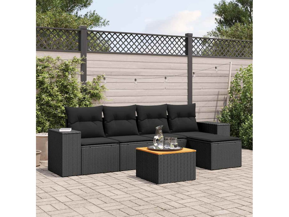 Vidaxl 6 Pcs Conjunto Sofás De Jardim C/ Almofadões Vime Pe Preto