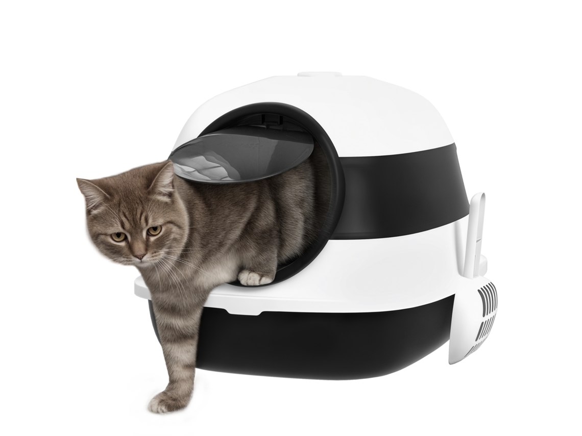 Caixa de Areia Cat com Tampa, Colher e Desodorante Incluídos, Caixa de Areia Fechada com Dobrável e Alça, Pp Abs, 52x41x38 Cm, Preto e Branco Ge