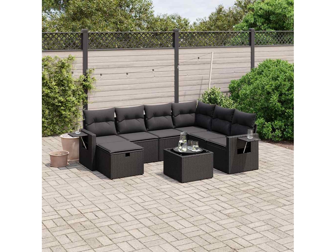 Vidaxl 8 Pcs Conjunto Sofás De Jardim Com Almofadões Vime Pe Preto