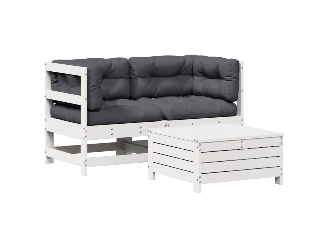 3 Pcs Conjunto Lounge Jardim C/ Almofadões Pinho Maciço Branco MAISON EXCLUSIVE