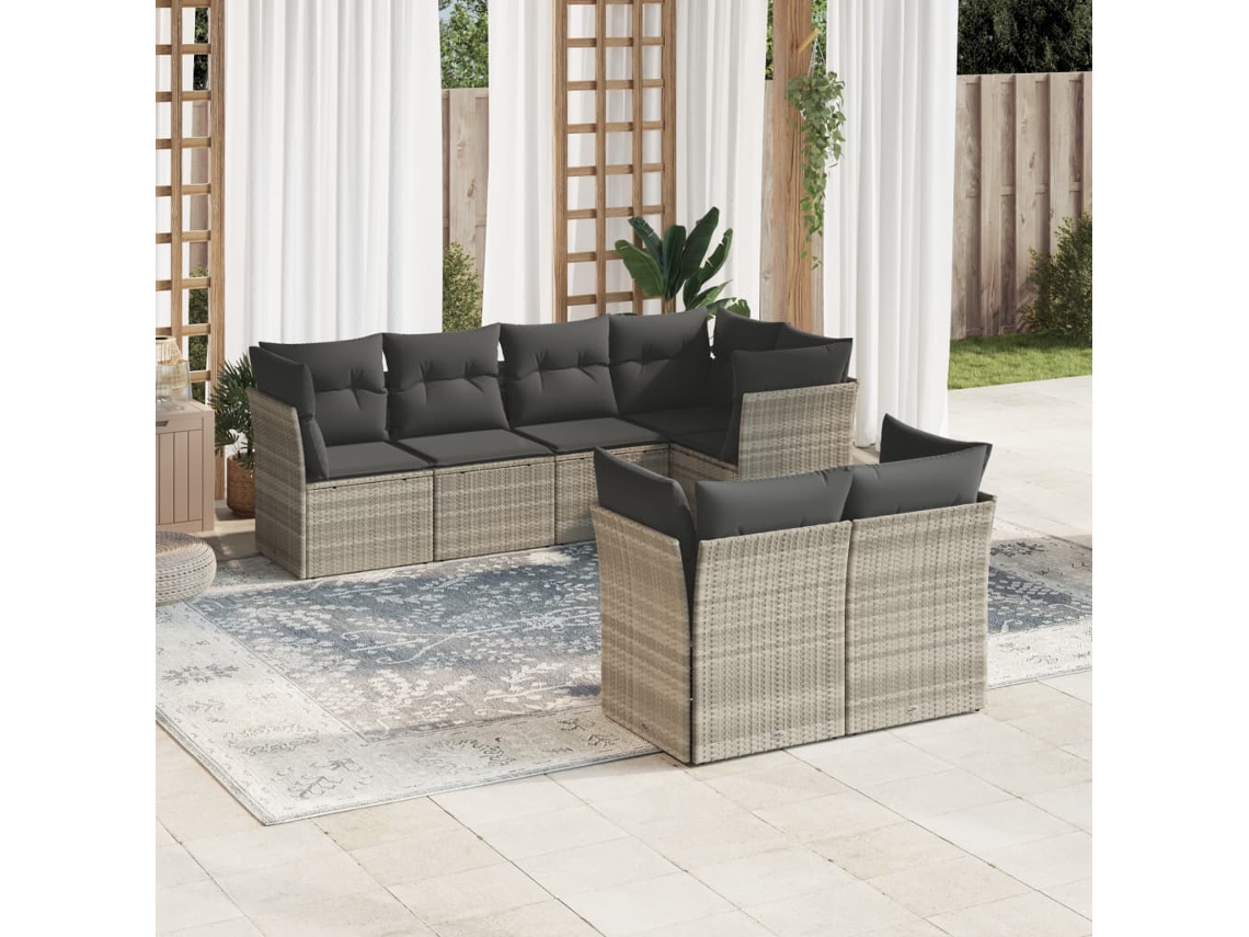 Vidaxl 7 Pcs Conj. Sofás Jardim Com Almofadões Vime Pe Cinzento-claro