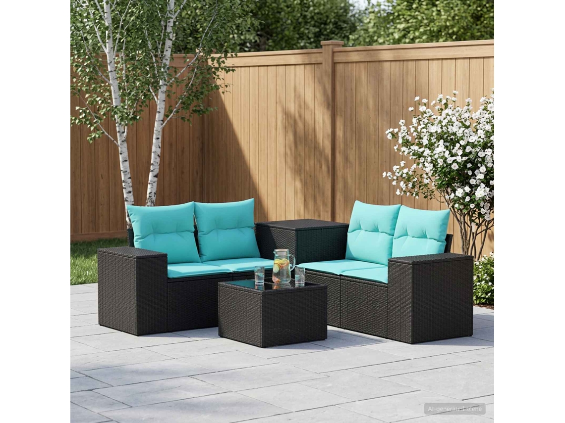 Vidaxl Conjunto De Sofás 6 Unid. Preto E Azul Rattan Poliéster E Aço