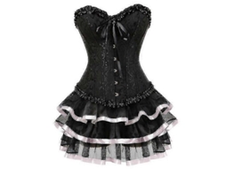Traje De Corsé Overbust Burlesco Para Mulher Tamanho Grande Com Saia Mini Tutu Brocado Estampado Bordado Ossos Plásticos Rosa Xxxl