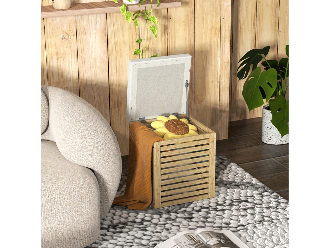 Banco com Armazenamento 57.7l Assento Arrumação Estofado Linho Sintético Estrutura em Bambu 40x40x47 Cm Cinza e Madeira