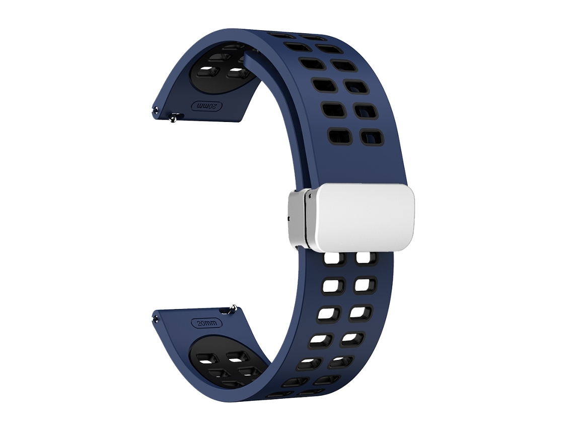 Bracelete para Smartwatch de silicone de duas cores com fivela prateada dobrável com furo de fileira dupla de 20 mm (azul meia-noite preto)