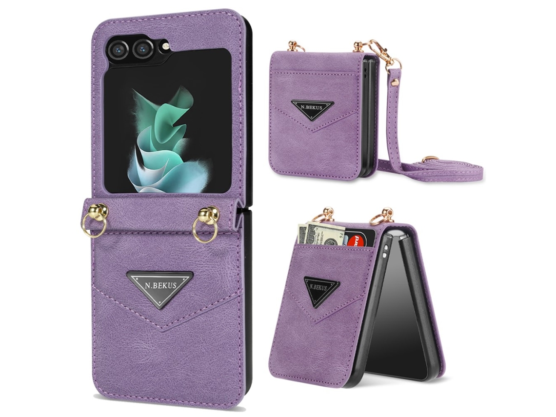 Capa Com Cordão Para Samsung Galaxy Z Flip 5 5g Com Porta-cartões Roxo