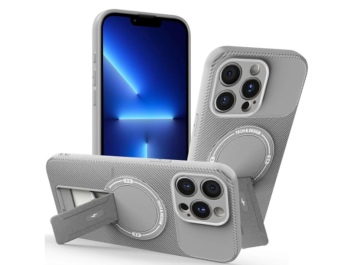 Capa Tkdaddy Para Iphone 13 Pro Com Suporte, Textura De Fibra De Carbono, Pc Capa De Tpu Cinza