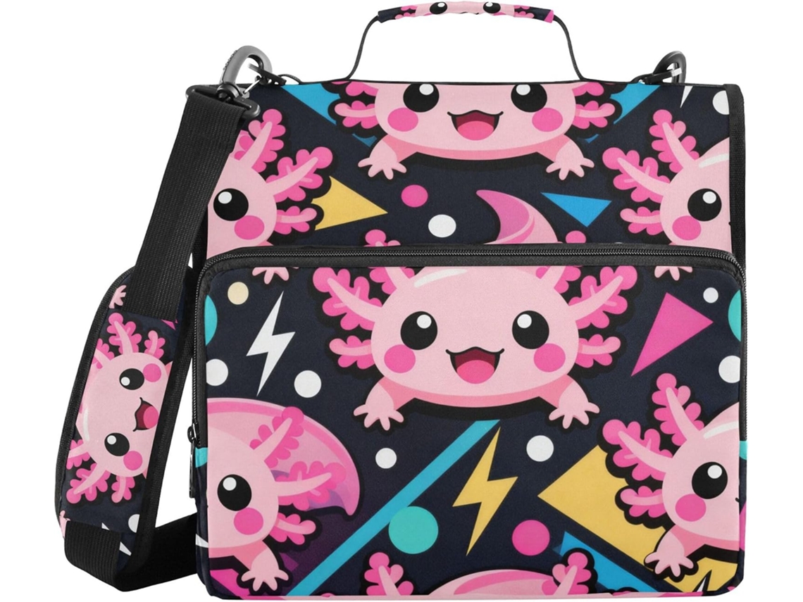 Pasta para documentos kawaii com estampa de axolote e bolinhas, tamanho grande, capacidade para 3 lápis de 8 cm.