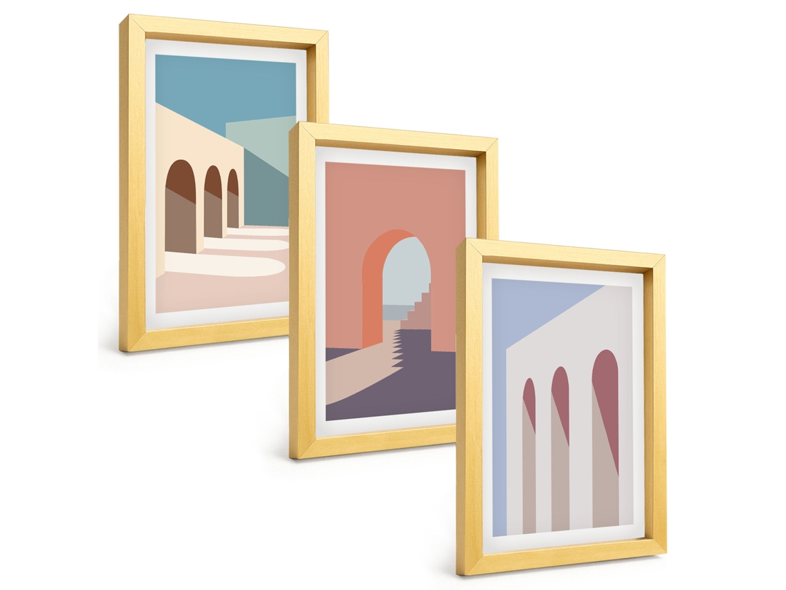 Composição De Quadros Na Paredegráficos Arquitetônicos Em Tons Pastel Moldura Dourada Quadros Para A Sala De Estar Espelharte (3 Peças 20x30 Cm)