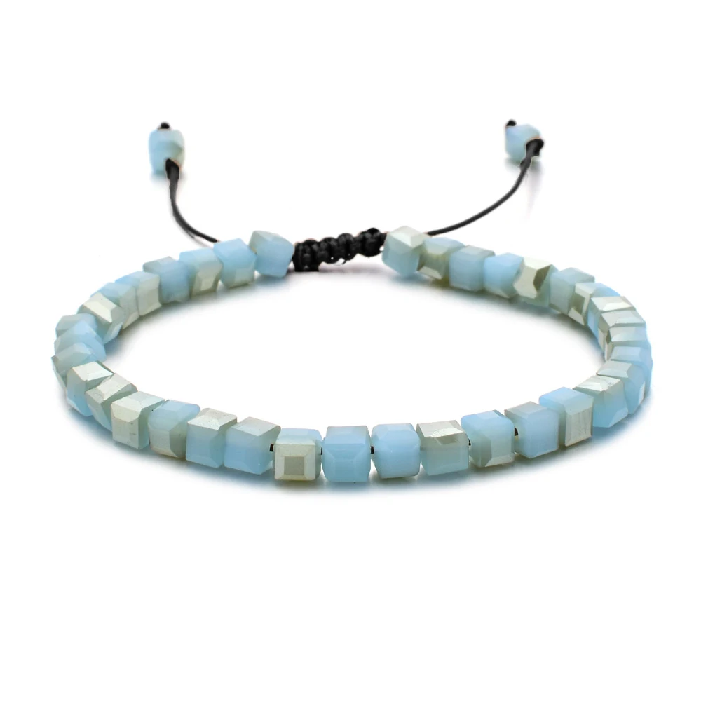 Pulseira Quadrada Com Contas De Cristal E Cordão Trançado Ajustável.