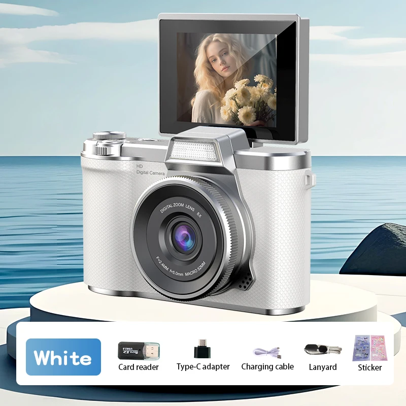 Câmera Digital 4k com Resolução de 48mp, Tela Giratória Recarregável de 180°. MDUG (branca, Sem Cartão Tf)