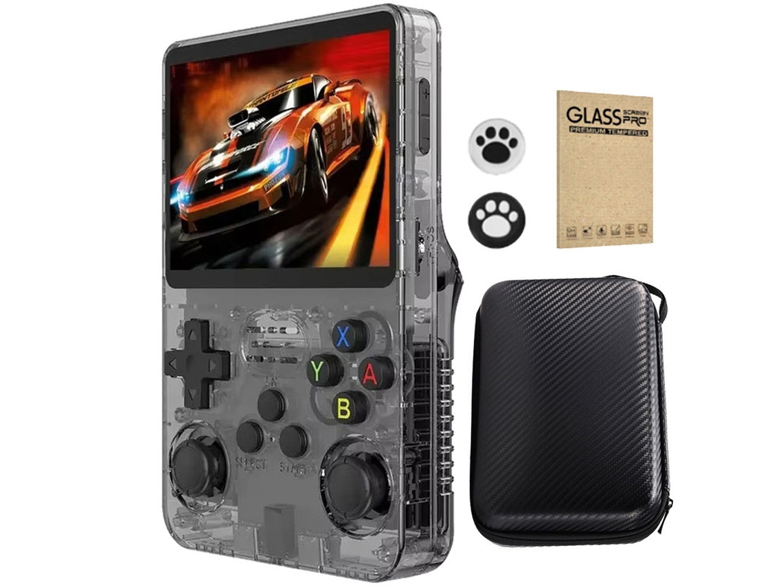 Console Notebook Retrô SZSMART R36s 3.5'' Ips 128gb Sistema Aberto 28+ Simuladores 40000+ Jogos + Tampas Garras de Gato + Capa Fibra Carbono Preto