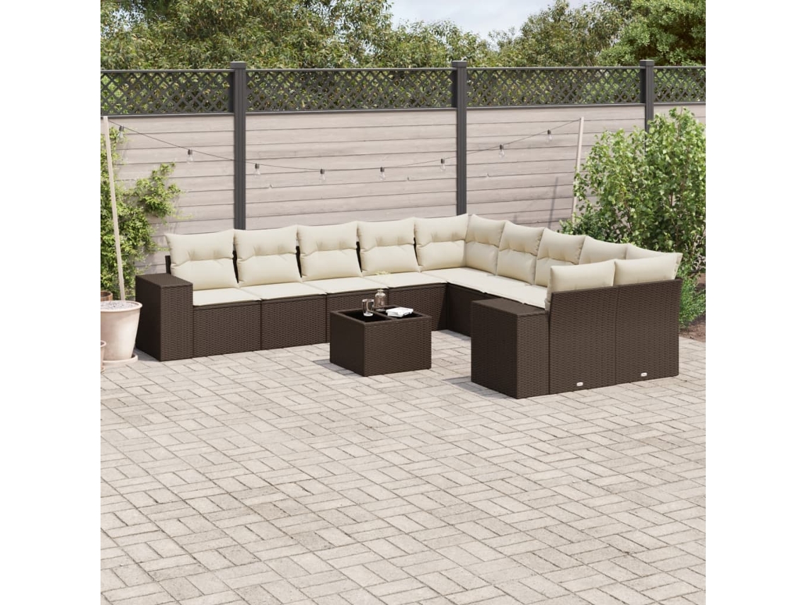 Vidaxl 11 Pcs Conjunto Sofás De Jardim C/ Almofadões Vime Pe Castanho