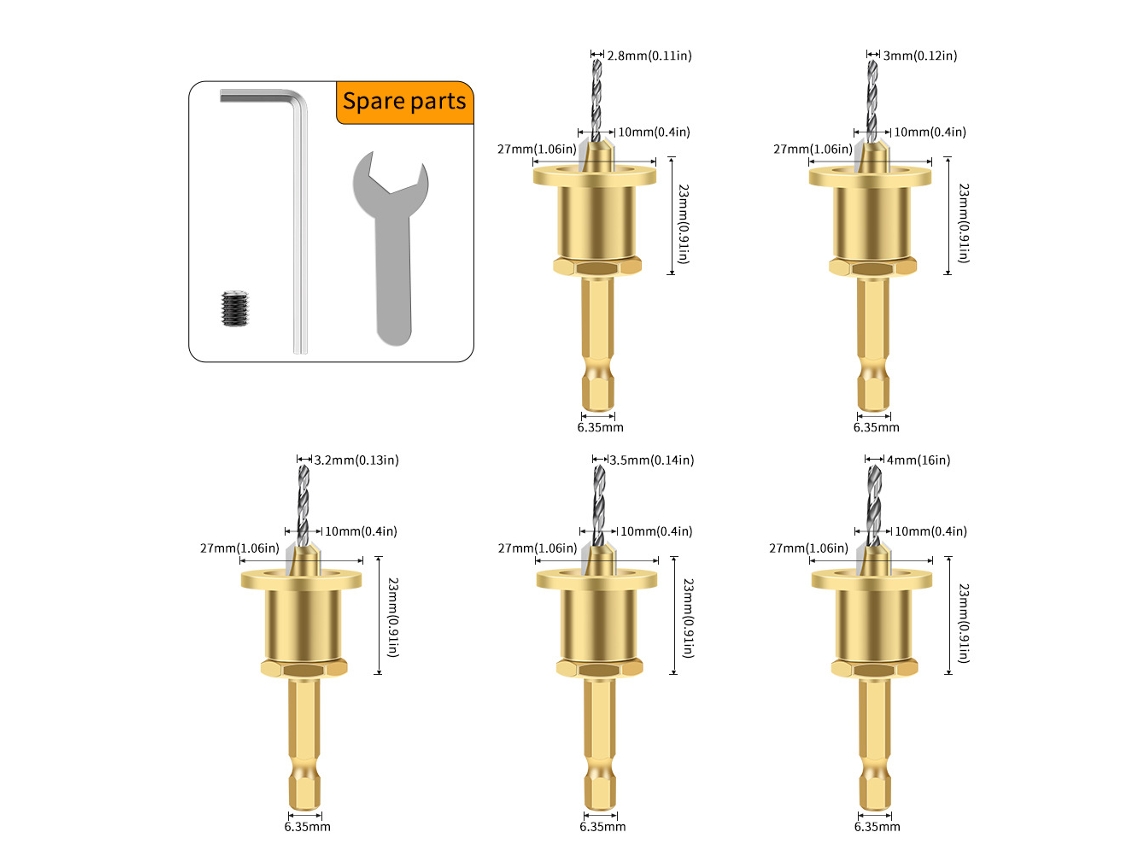 Conjunto De Brocas De Escareador 1/4" Haste Sextavada, 2.8-4mm Com Limitador De Profundidade Para Furação Em Madeira Hexinyigjly