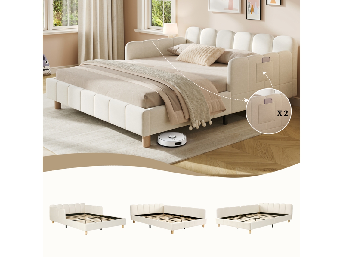 Cama Infantil 140x200cm Apoio Cabeça Acolchoado Proteção Anti-queda Bege