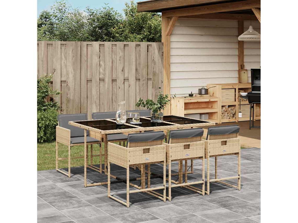 Vidaxl 7 Pcs Conj. Jantar Jardim C/ Almofadões Vime Pe Bege Misturado