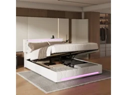 Cama Hidráulica 140×190 Cm Na Cor Bege Tecido Linho, Iluminação Led Na Cabeceira E Peseira, Entrada Usb, Cama Box Grande Ideal Para Quarto