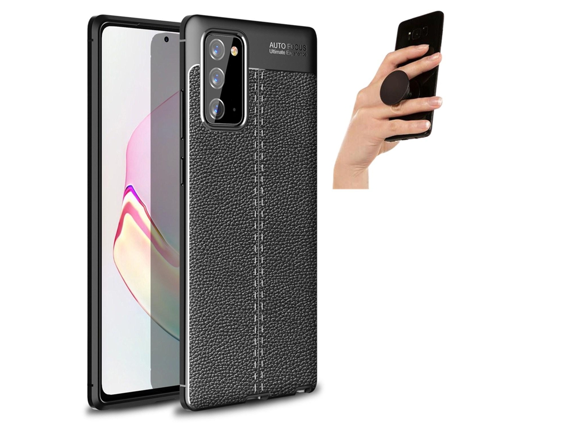 Capa Rugged Leather Antichoque + Popsocket Multifunção Samsung Note 20 Preto