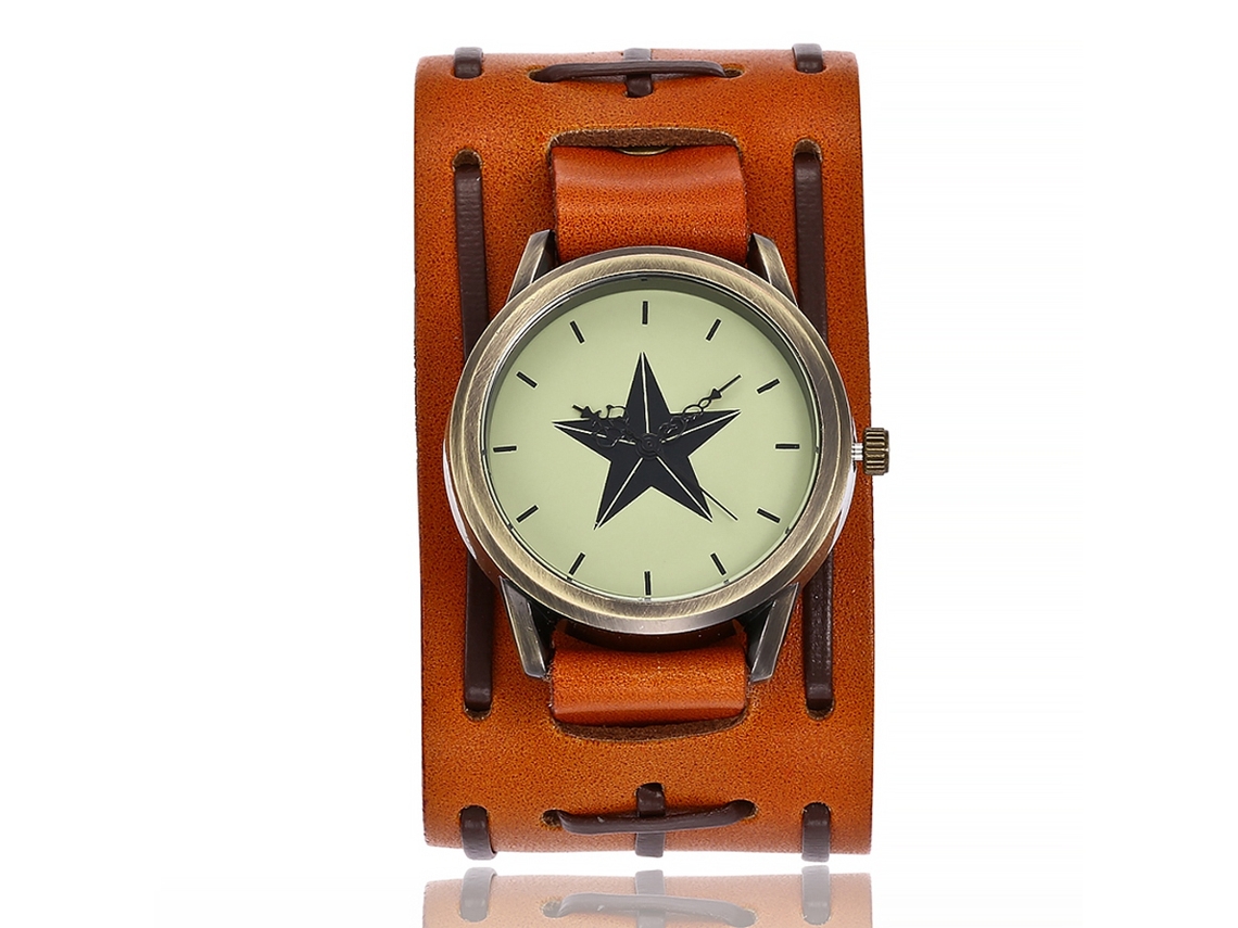 Reloj De Cuarzo Para Hombre Con Correa De Pu Ancha Estrella De Cinco Puntas (naranja)