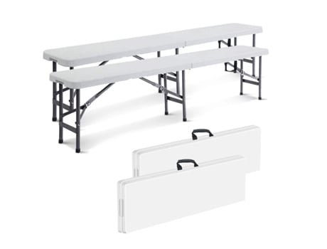 Todeco Banco de Plástico Resistente, Banco Dobrável Portátil, 183 x 43 x 30 cm, Pacote com 2, Dobrável ao Meio, Carga Máxima 300 kg - Branco