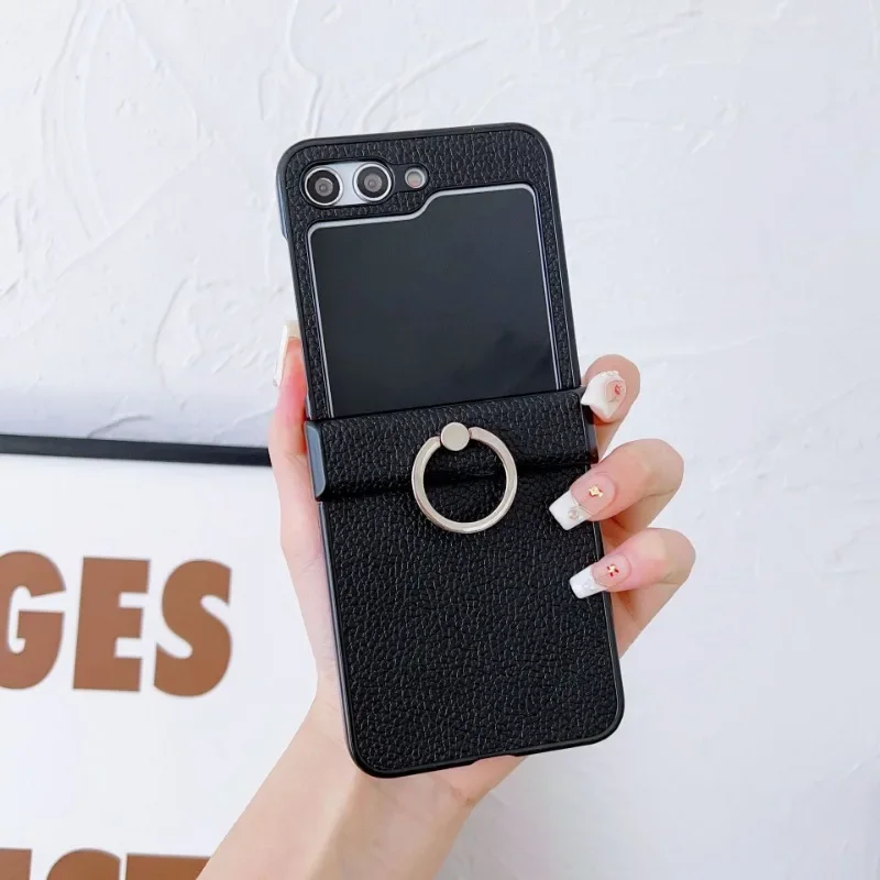 (preto, Galaxy Z Flip5) Capa Flip Para Celular Em Couro Com Textura De Lichia, Resistente A Quedas, Com Suporte De Anel De 360°