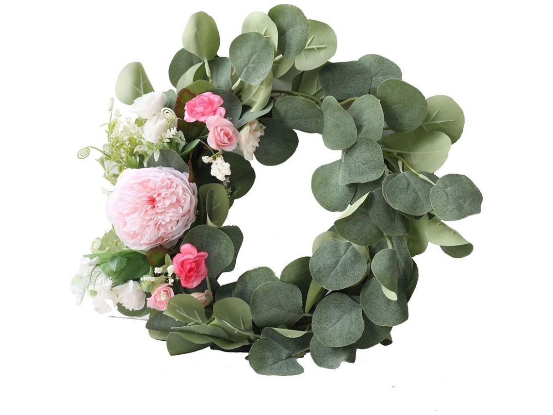 Corona De Flores Artificiales De 38,1 Cm Con Hojas Verdes Para Primavera/verano, Hecha A Mano Con Rattan Y Lino