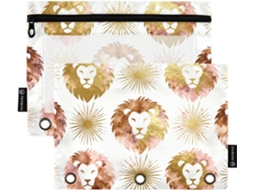 Pasta Leão Ouro Rosa, 3 argolas com janela transparente, grande armazenamento com zíper, resistente, 3 bolsas para materiais