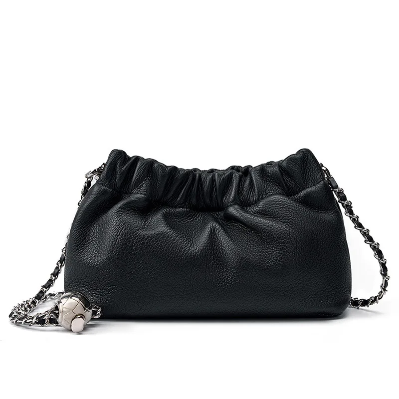 Bolsa De Ombro Feminina Em Couro Genuíno Preto, Bolsa Pequena De Aba Com Corrente De Marca De Luxo.
