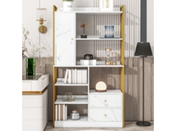 Estante Livros 6 Prateleiras, Portas E Gavetas, Estilo Industrial, Aço Branco Mármore Com Moldura Dourada.