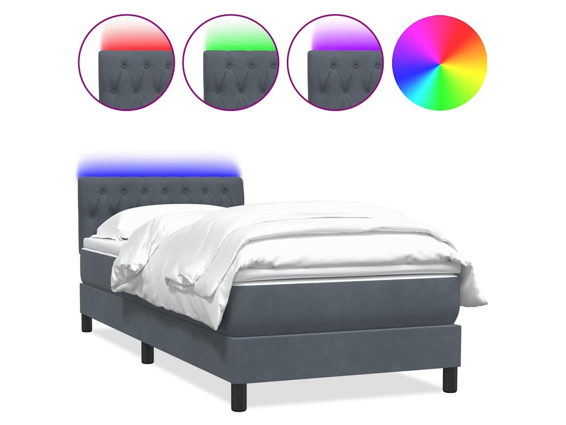Cama Box Spring com Colchão e Led Cinza Escuro Veludo MAISON EXCLUSIVE (80x220 cm)