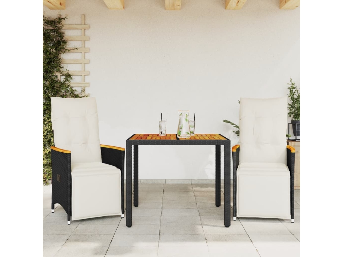 Vidaxl 3 Pcs Conjunto Bistrô de Jardim C/ Almofadões Vime Pe Preto