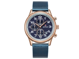 Relógio masculino de quartzo com mostrador em malha de aço, estilo casual-profissional, calendário (ouro rosa + azul)