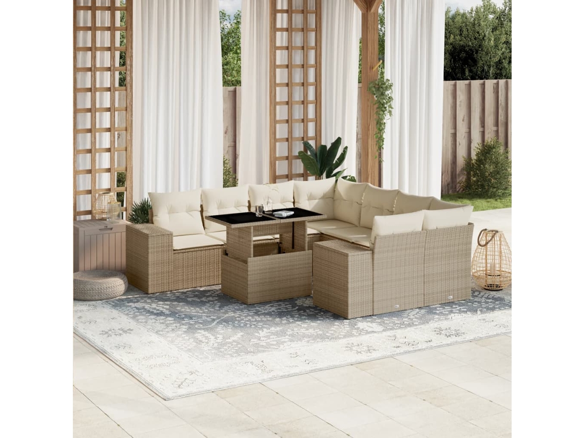 9 Pcs Conjunto De Sofás P/ Jardim Com Almofadões Vime Pe Bege Dkd Home Decor