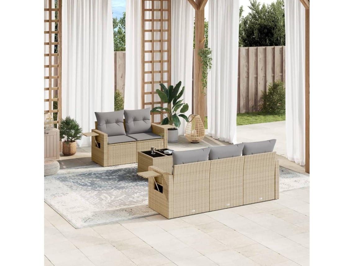 Vidaxl 6 Pcs Conjunto De Sofás P/ Jardim Com Almofadões Vime Pe Bege