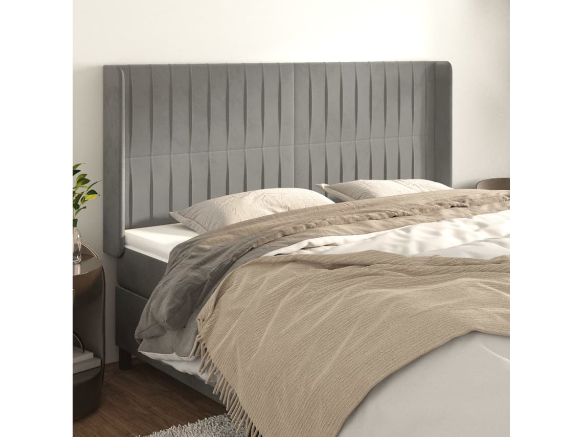 Cama com Cabeceira Abas PANGSHIYUAN Madeira Veludo Cinzento (163x16x118)