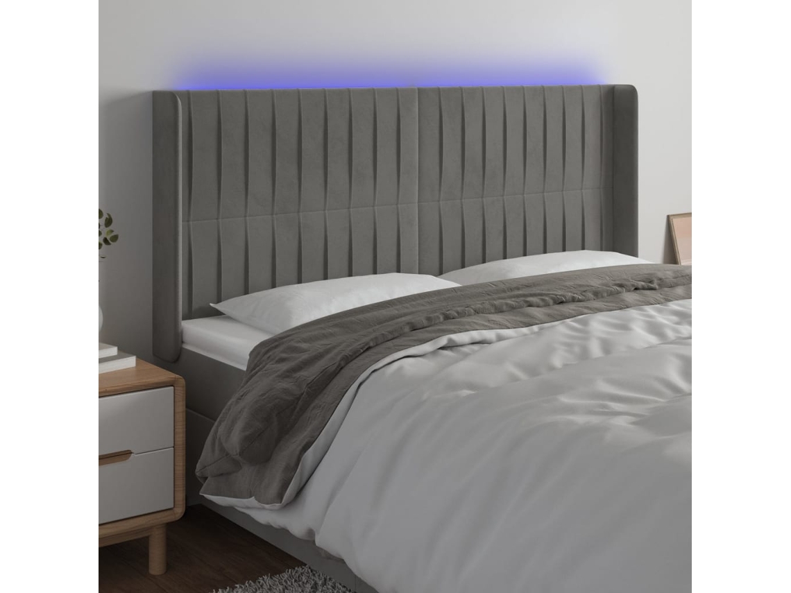 Vidaxl Cabeceira Cama C/ Luzes Led Veludo 203x16x118/128cm Cinza-claro