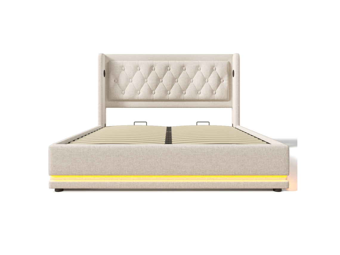 Cama Contentora Estofada Função Carga Led Mobrio Bege (180x200)