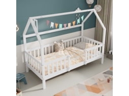 Cama de madeira estilo cabana de 90 x 200 cm com base de ripas, branca