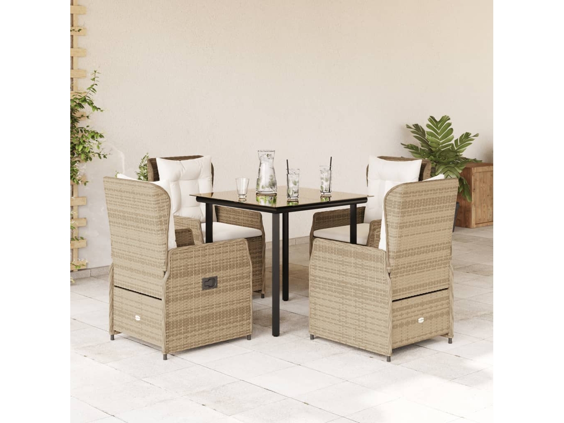 Vidaxl 5 Pcs Conjunto De Jantar P/ Jardim Com Almofadões Vime Pe Bege