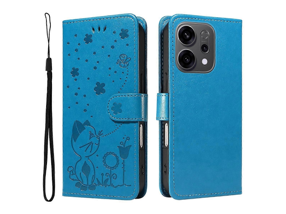 Capa De Couro Tipo Carteira Com Estampa De Gato E Abelha, Azul, Para Oppo Reno14 5g (china)