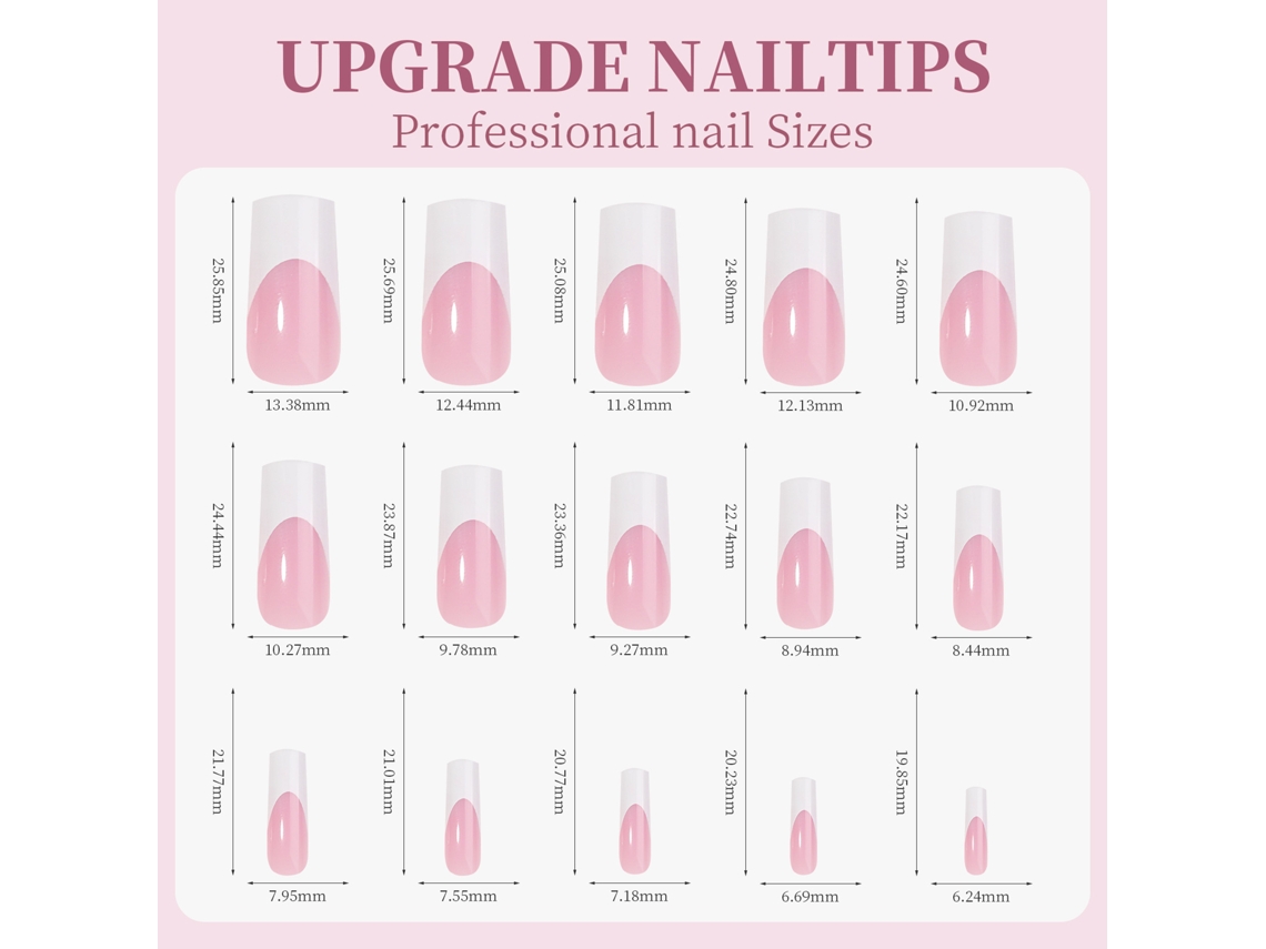 Unhas postiças francesas em gel macio pré-aplicadas Rebe com base e primer, 9 cores, 15 tamanhos, para nail art faça você mesma